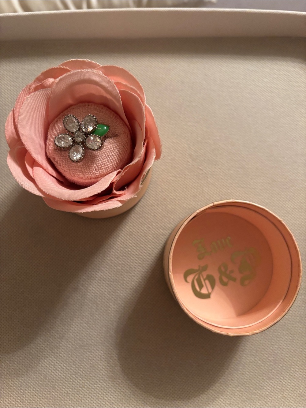 Juicy Couture 2010s Pink Floral Crystal Brooch with Green Accent